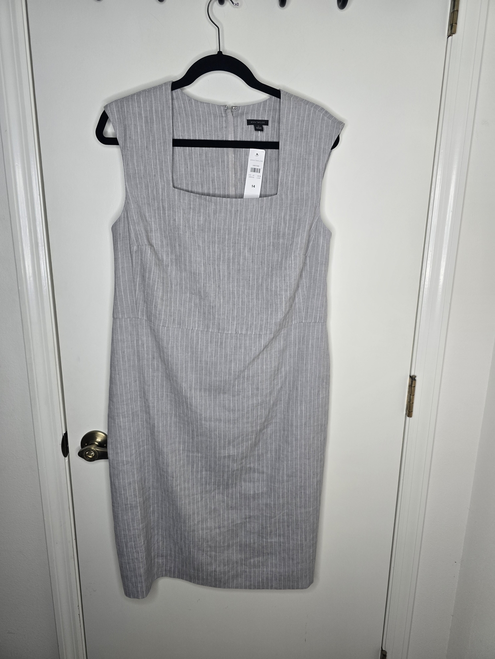 Ann Taylor Light Gray Pinstripe Midi Sheath Dress Linen Blend